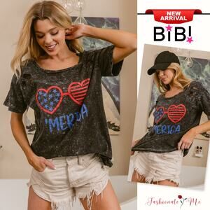 BiBi 4th Of July Theme Mineral Washed Laser Cut Round Neck Top | Black Charcoal